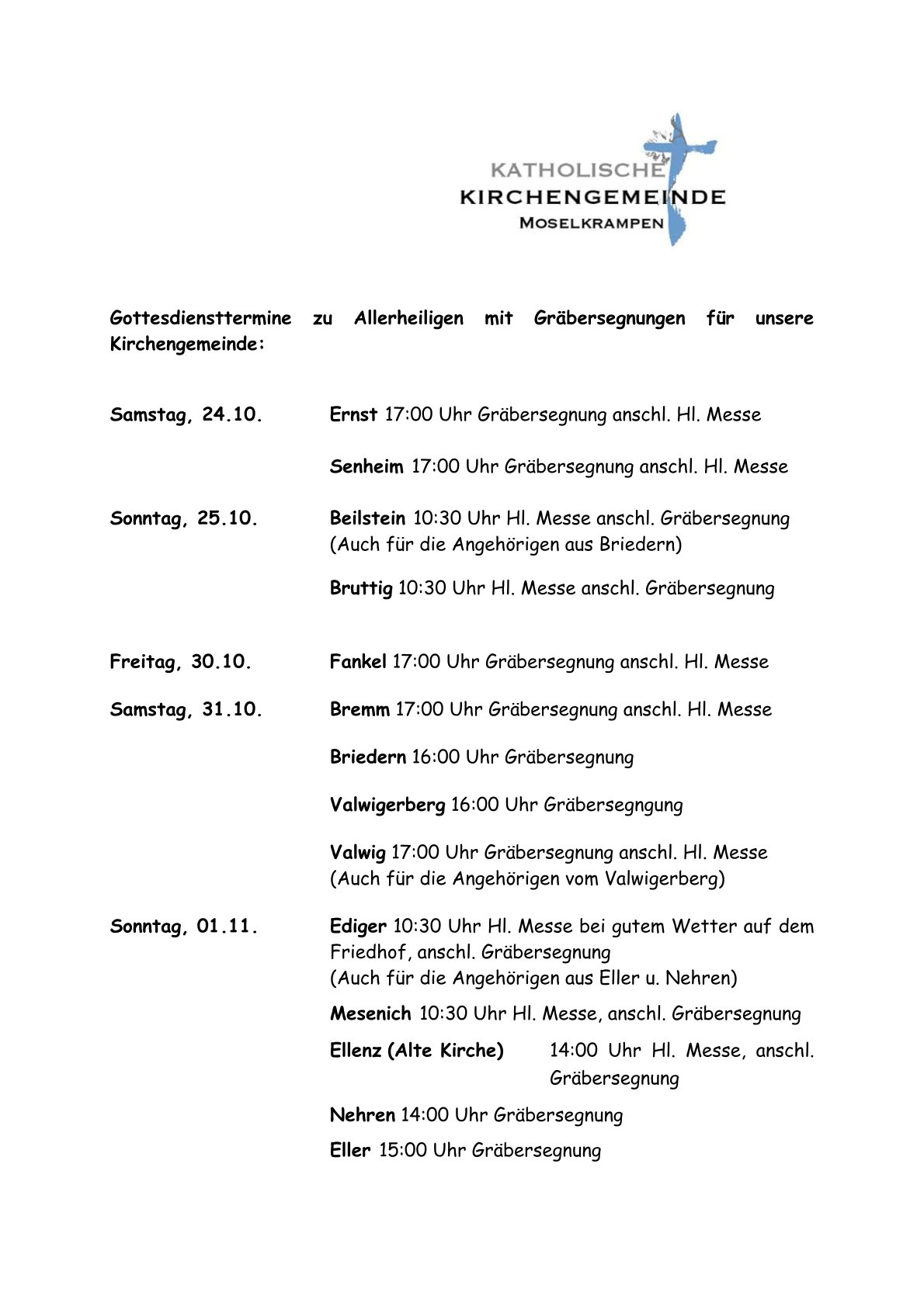 Gottesdiensttermine zu Allerheiligen mit Gräbersegnungen für unsere Kirchengemeinde 2026-1